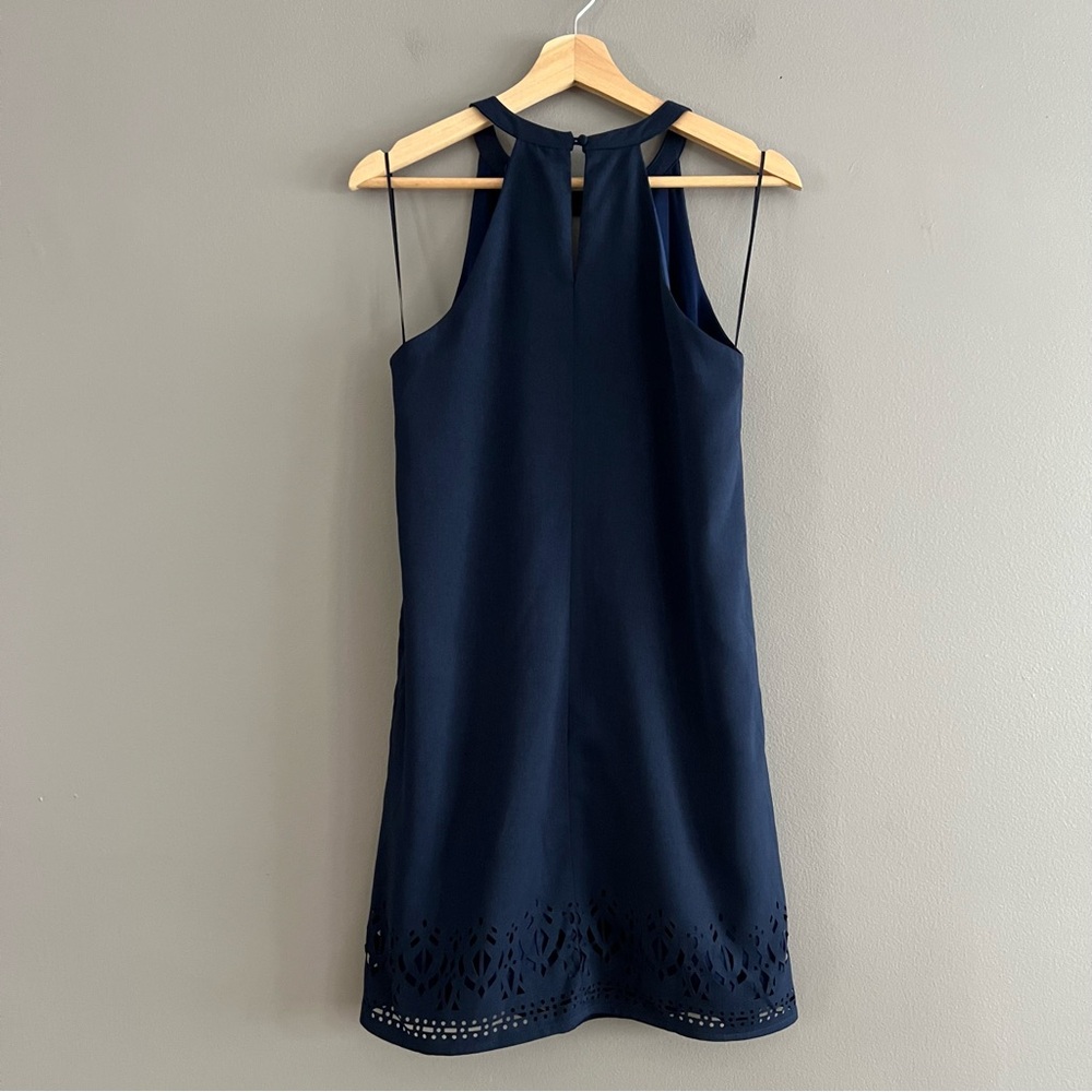 Greylin Melissa  Laser Cut Deep Navy Blue Halter Shift Mini Dress Preppy Sz M - Picture 2 of 15